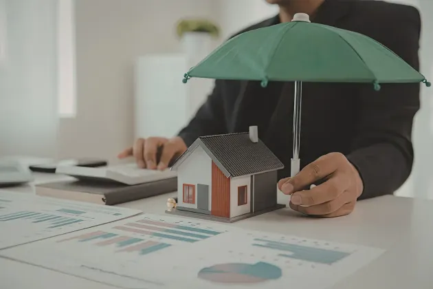 Hands placing a green umbrella over a small house model on financial paperwork with charts.