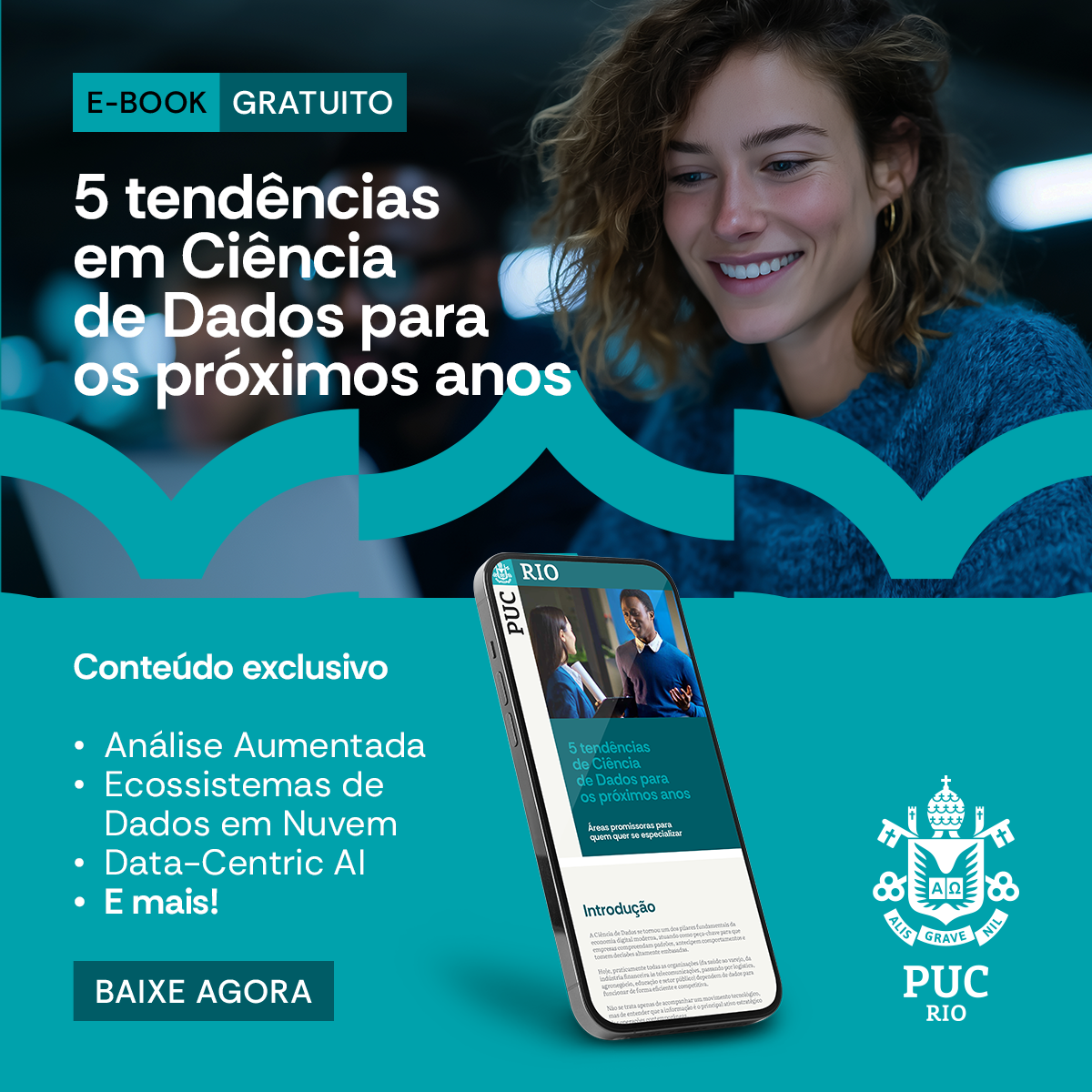 E-book gratuito sobre 5 tendências em ciência de dados, com mulher sorrindo, celular e logo da PUC