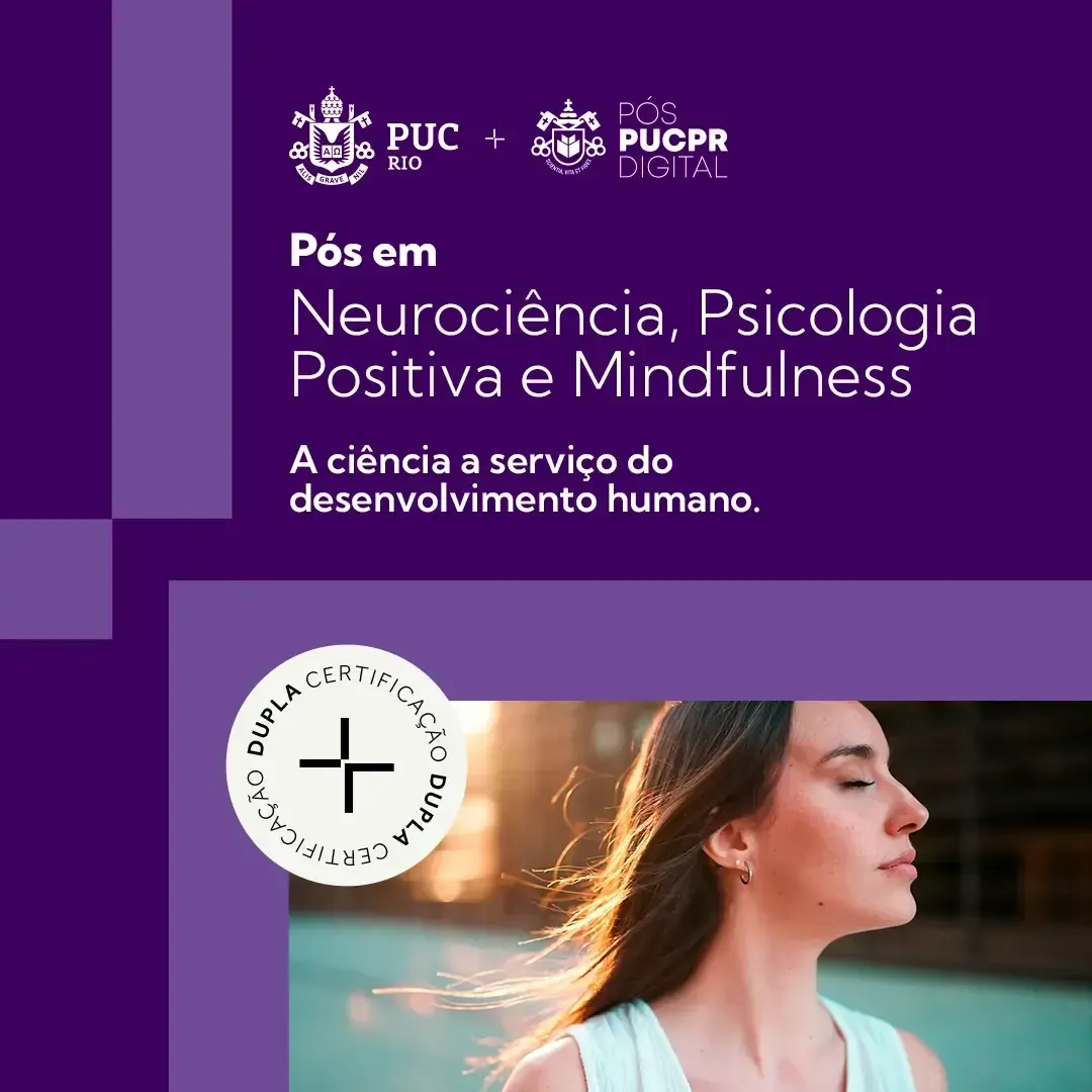 Poster for postgraduate studies in Neuroscience, Positive Psychology, and Mindfulness. Woman in sunlight. Purple background.