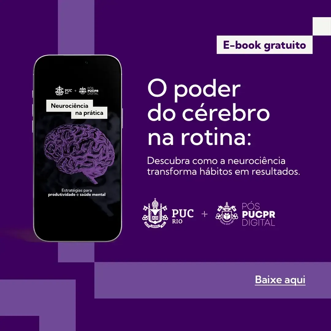 Purple ad for a free e-book about the brain. It features a phone with a brain illustration, PUC and PUCPR logos.