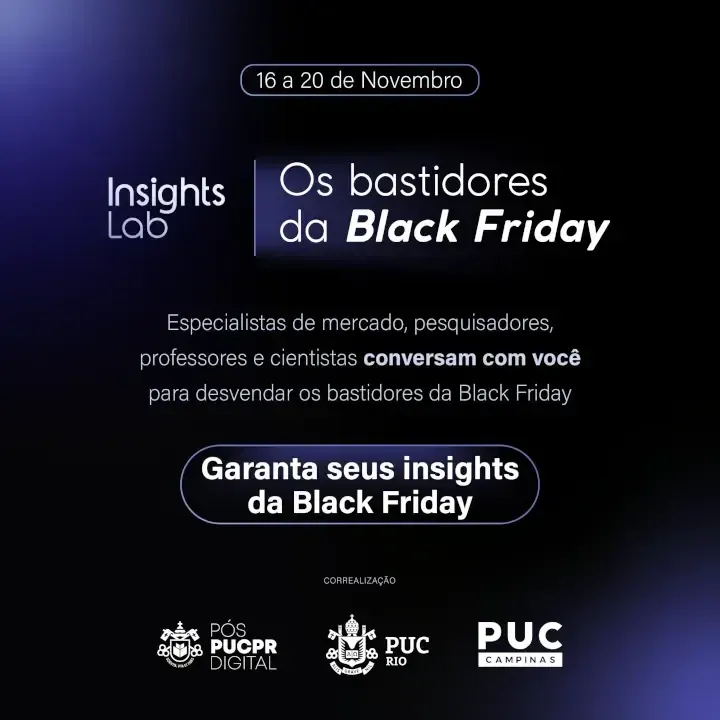 Cartaz preto do Insights Lab sobre Bastidores da Black Friday, com data e chamada para garantir insights.