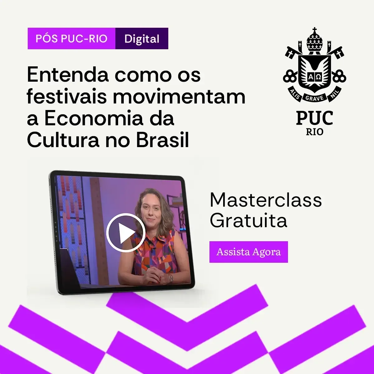 Promotional graphic for a PUC-Rio masterclass on how festivals impact Brazil's cultural economy. Includes a woman on a tablet and the PUC-Rio logo.