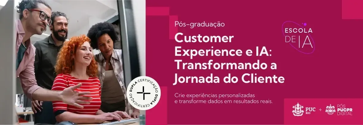 Banner with smiling team in an office and pink text reading “Customer Experience e IA: Transformando a Jornada do Cliente”