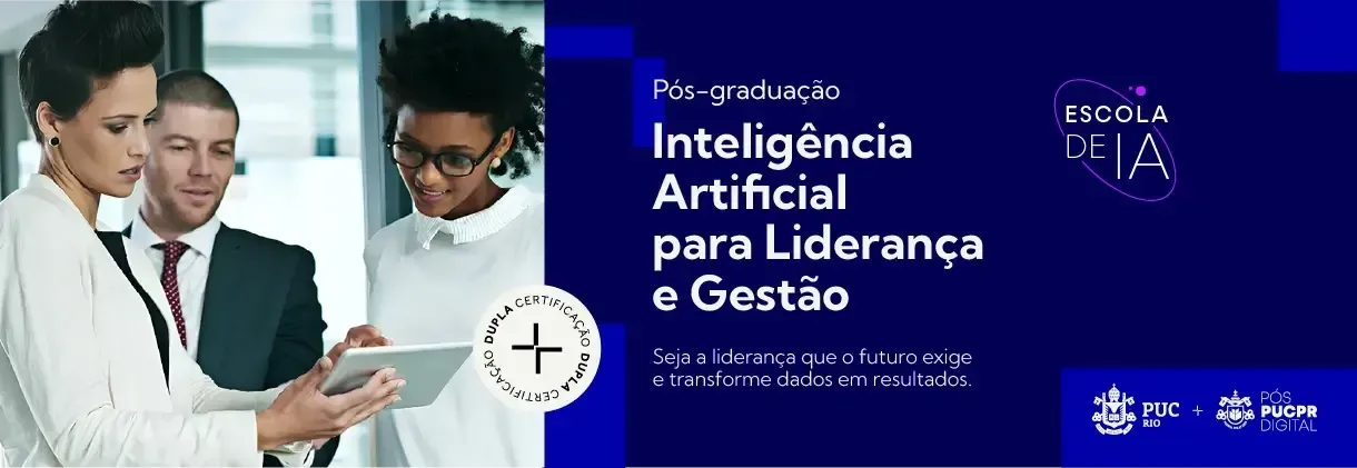 Profissionais em laboratório analisando tablet, com título “Inteligência Artificial para Liderança e Gestão” em fundo azul.