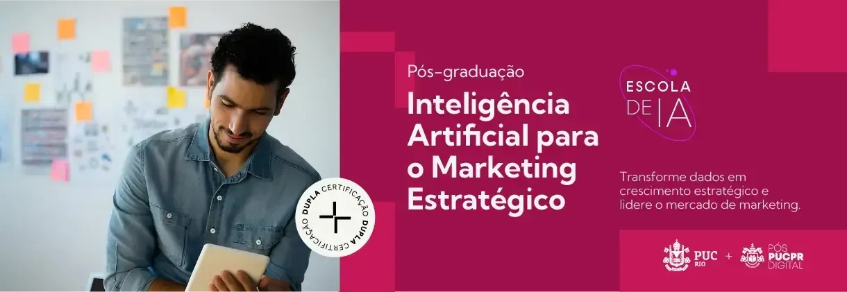 Man reading and writing at a desk beside a Spanish AI marketing poster with pink text and graphics