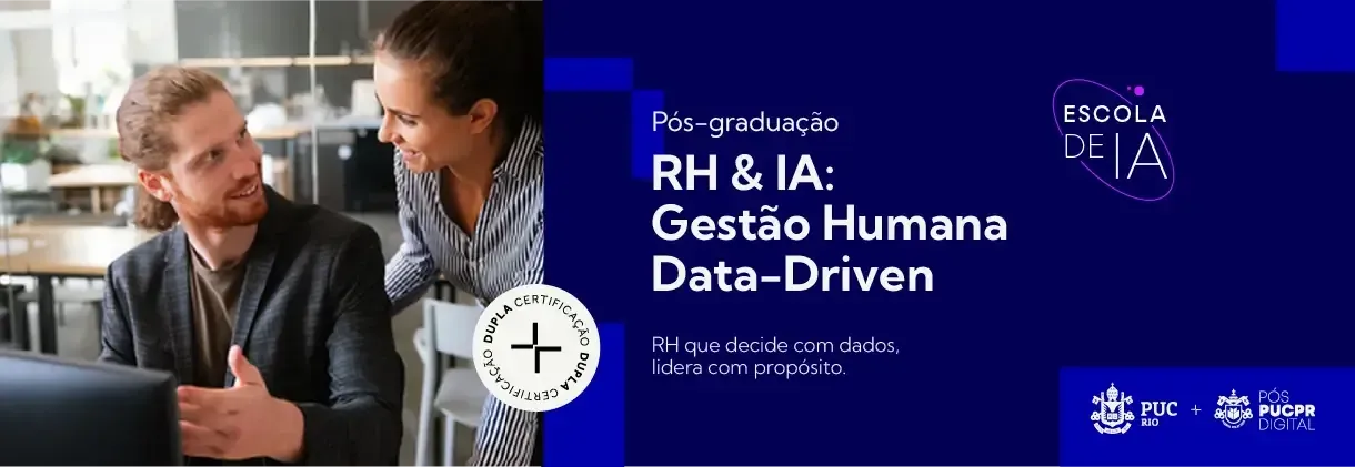 Two people in discussion beside a blue HR poster reading “RH & IA: Gestão Humana Data-Driven.”