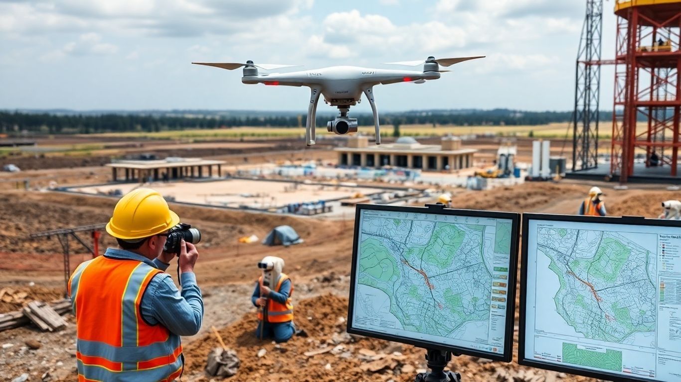 Drone surveying a construction site for topographical mapping.