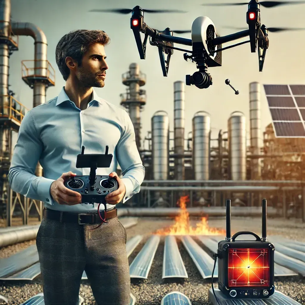 A man is holding a remote control in front of a helicopter.