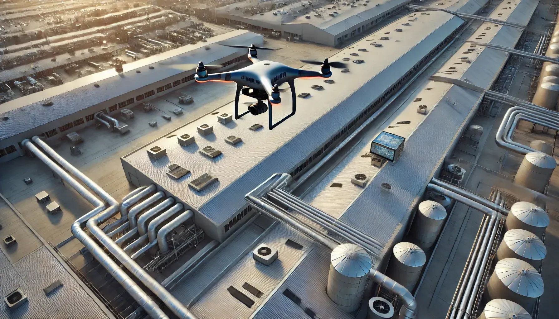 An aerial view of a drone flying over a factory.
