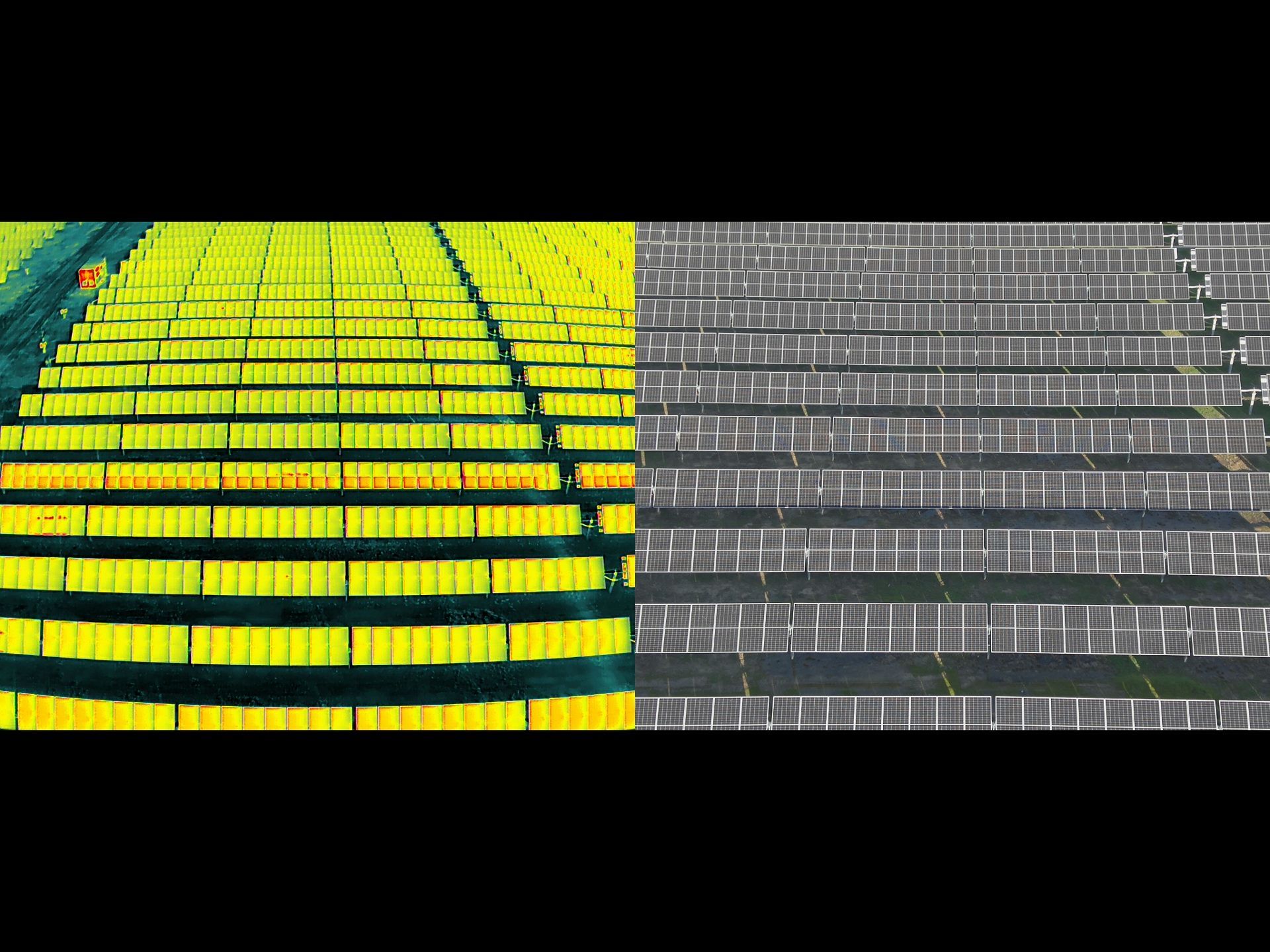An aerial view of a solar farm and a thermal image of a solar farm.