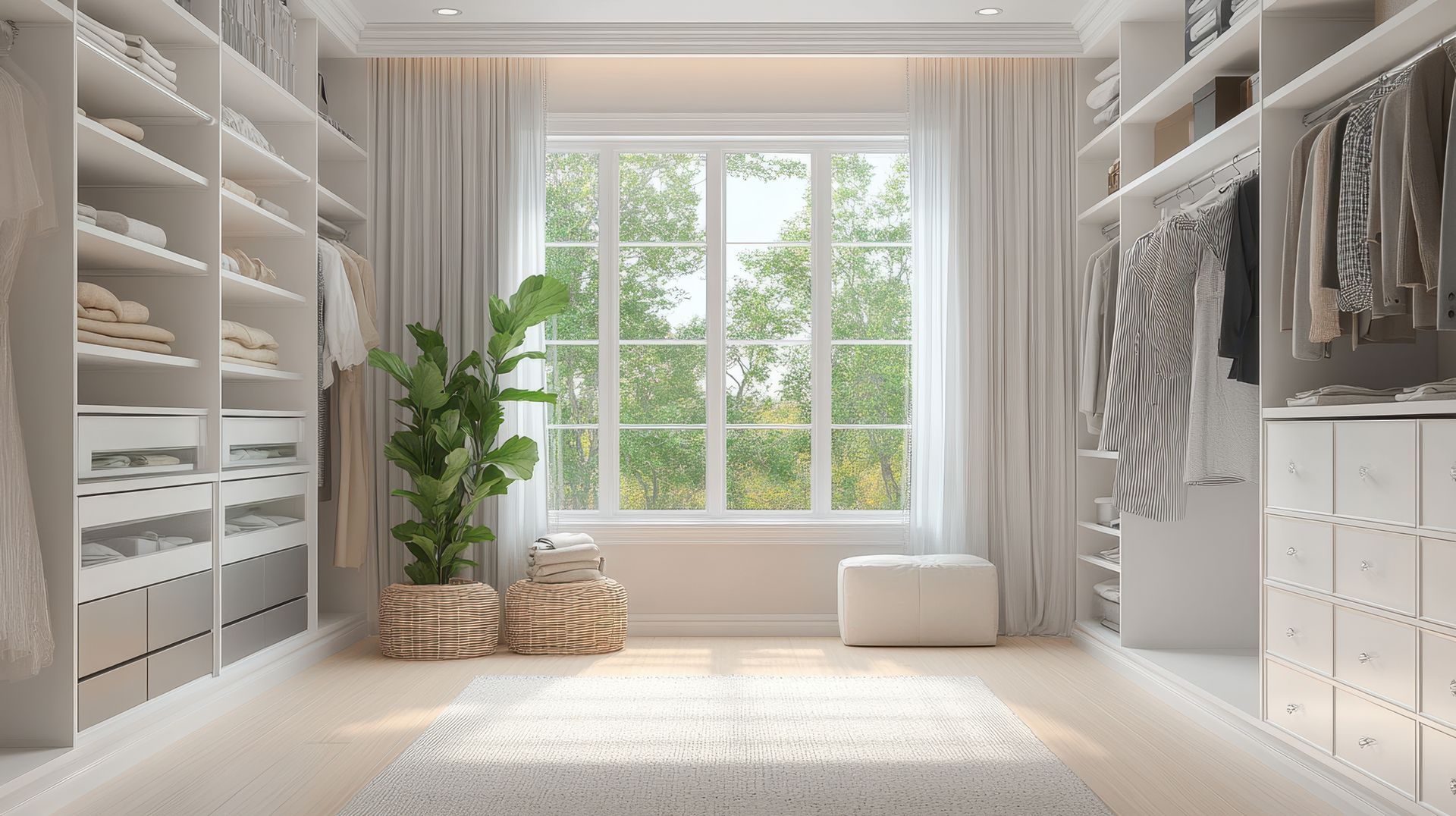 A walk in closet with lots of clothes and a large window.