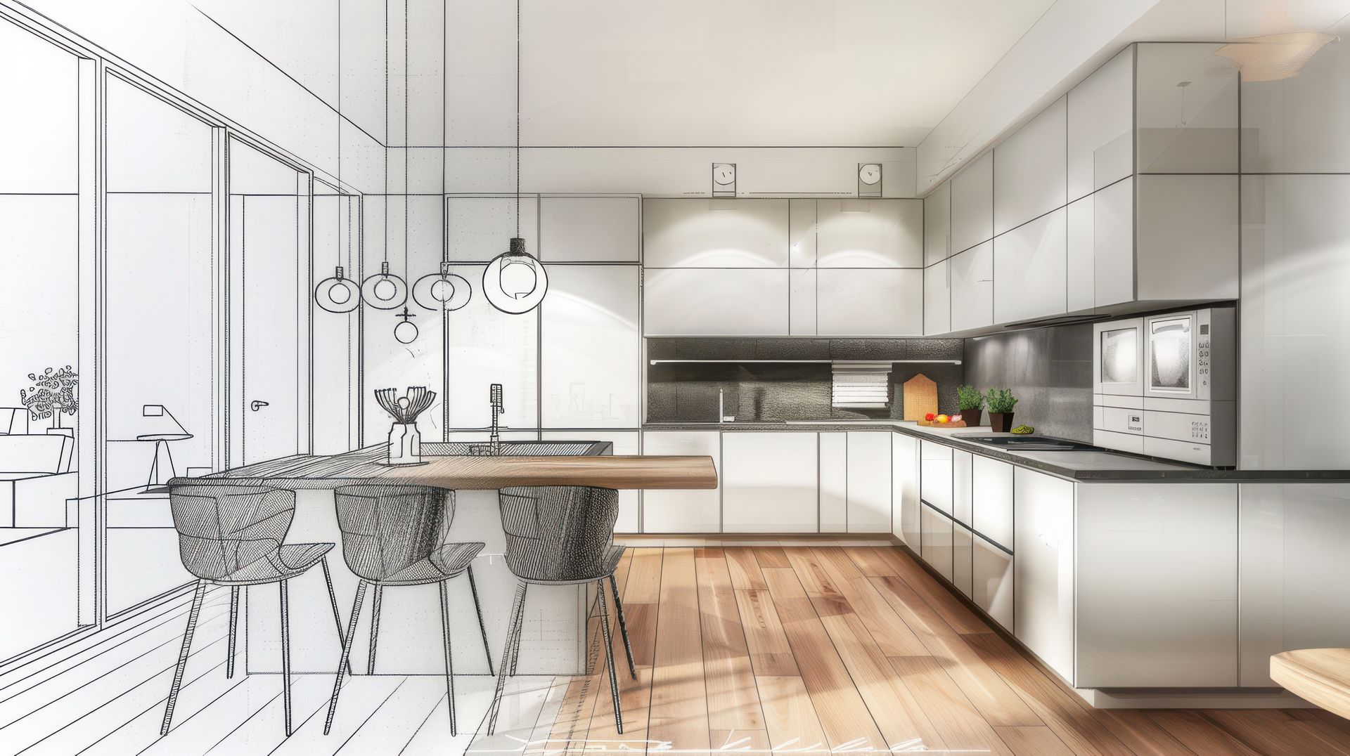 A black and white drawing of a kitchen with white cabinets and wooden floors.