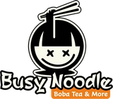 Busy Noodlz Boba Tea & More logo with a smiling black-and-white boba cup and chopsticks