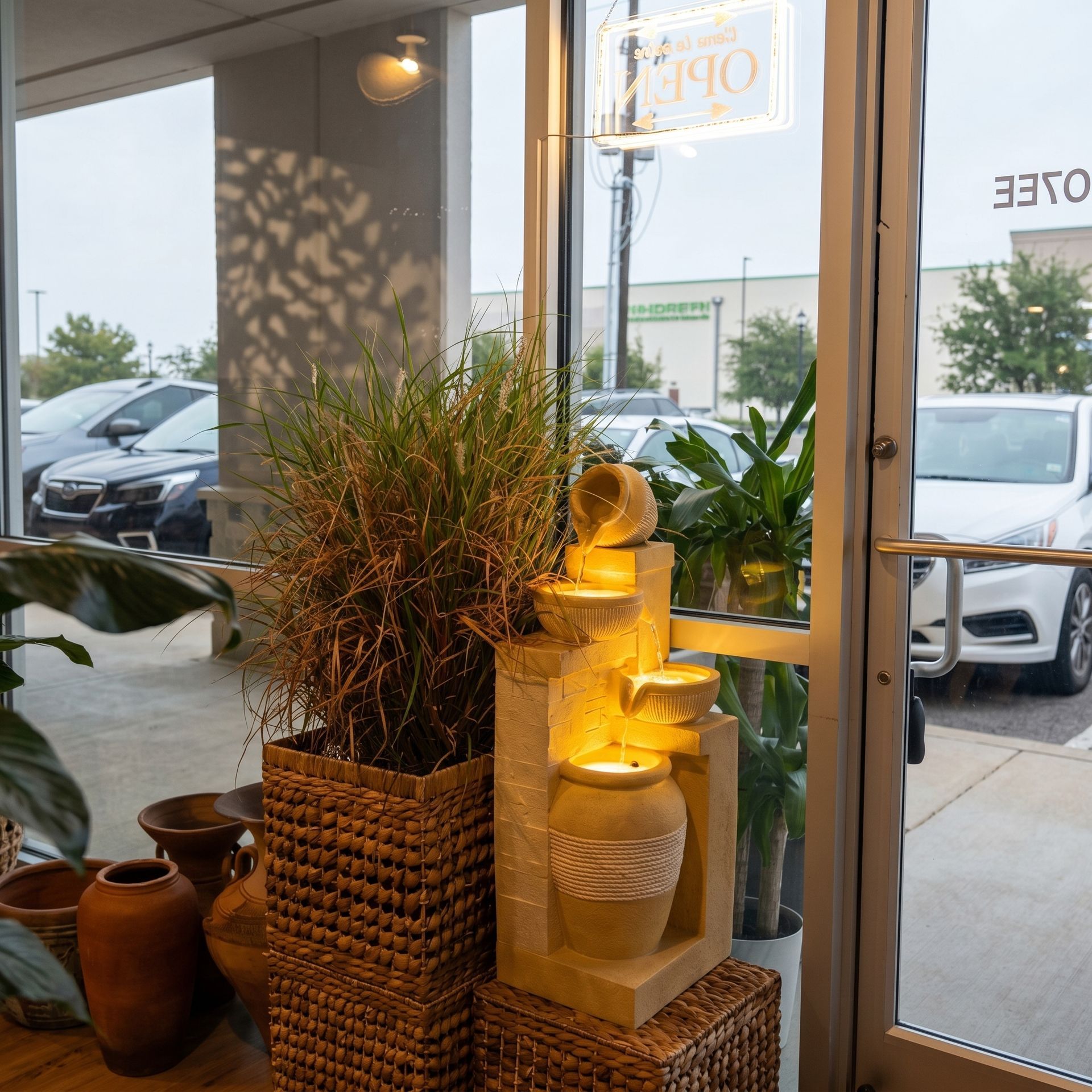 Warmly lit indoor plant display by a window with wicker basket, pottery, and a small fountain