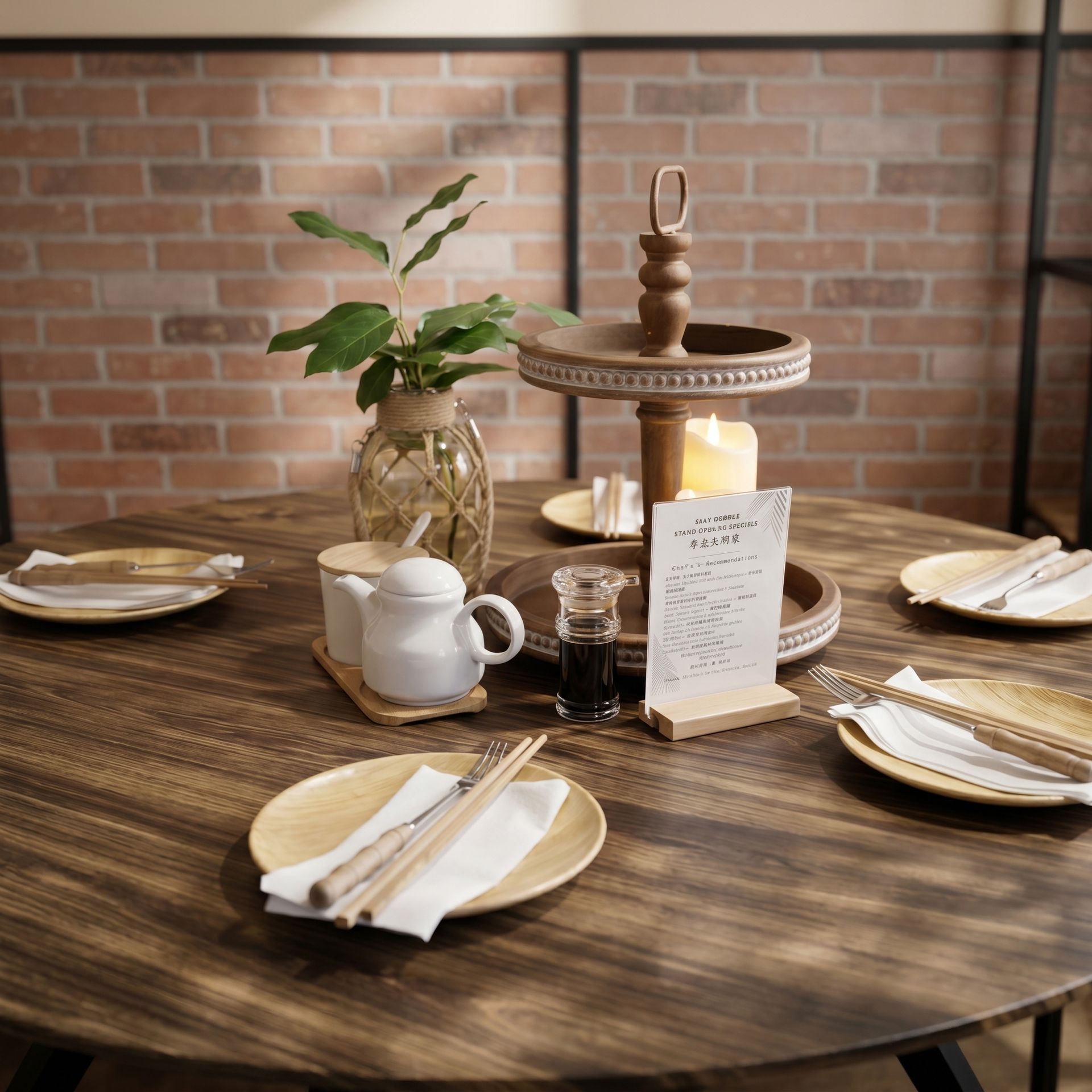 Rustic dining table set with plates, napkins, candles, teapot, and a tiered dessert stand on a brick backdrop