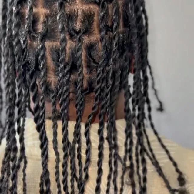 Close-up of black twisted braids hanging down a person's back, with a beige background