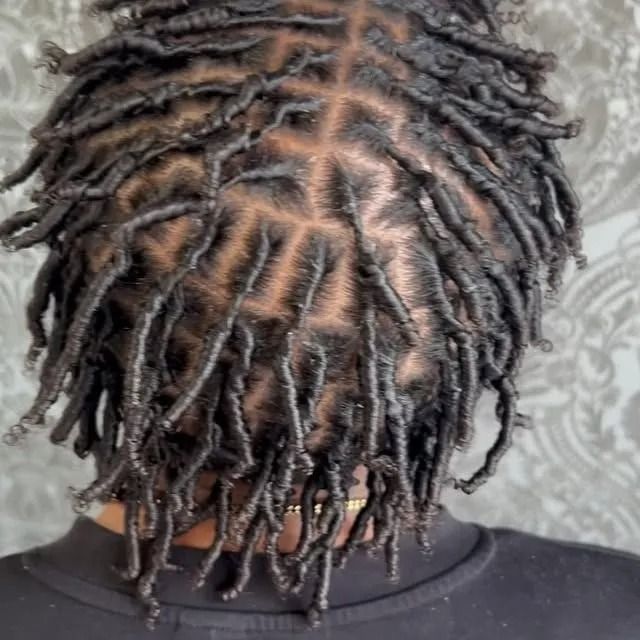 Close-up of short, twisted locs from the back, with dark hair against a black shirt.