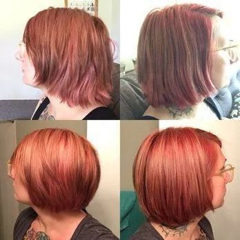 Collage of four views of a short, layered copper-red bob haircut with side-swept bangs