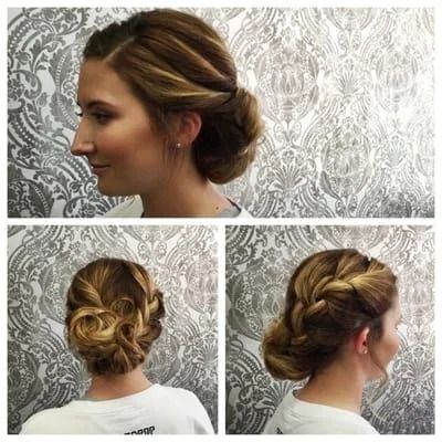 Elegant braided updo hairstyle shown from side, back, and angled views against a patterned wallpaper.