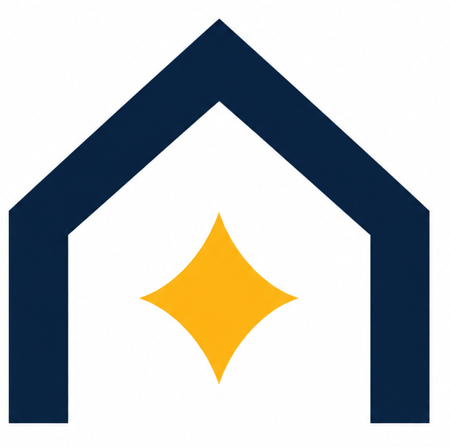Blue house outline with a yellow sparkle at the center