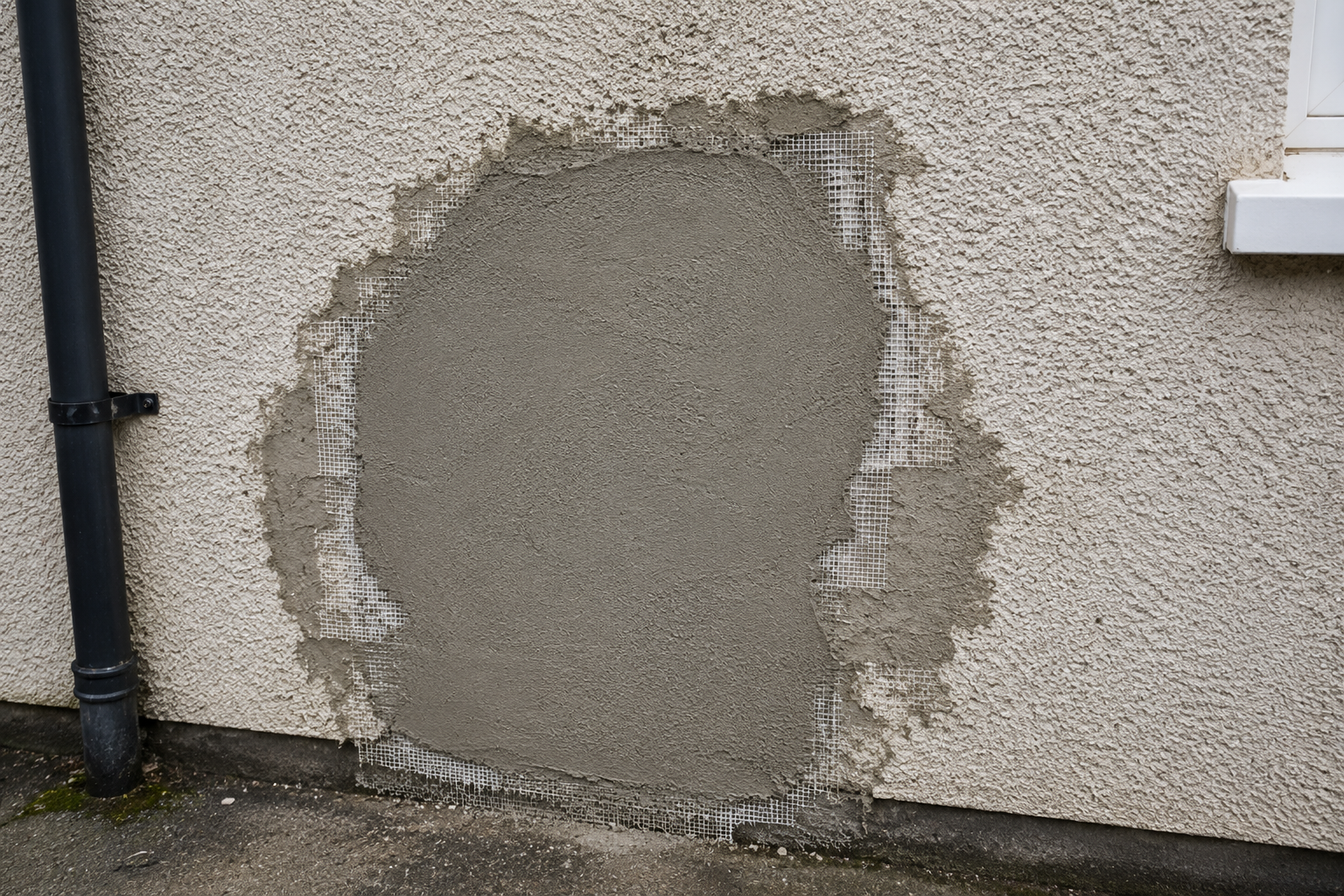 Pale wall with a large circular gray patch of repaired plaster near the bottom.