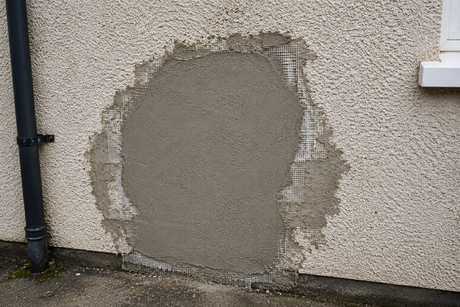 Pale wall with a large circular gray patch of repaired plaster near the bottom.