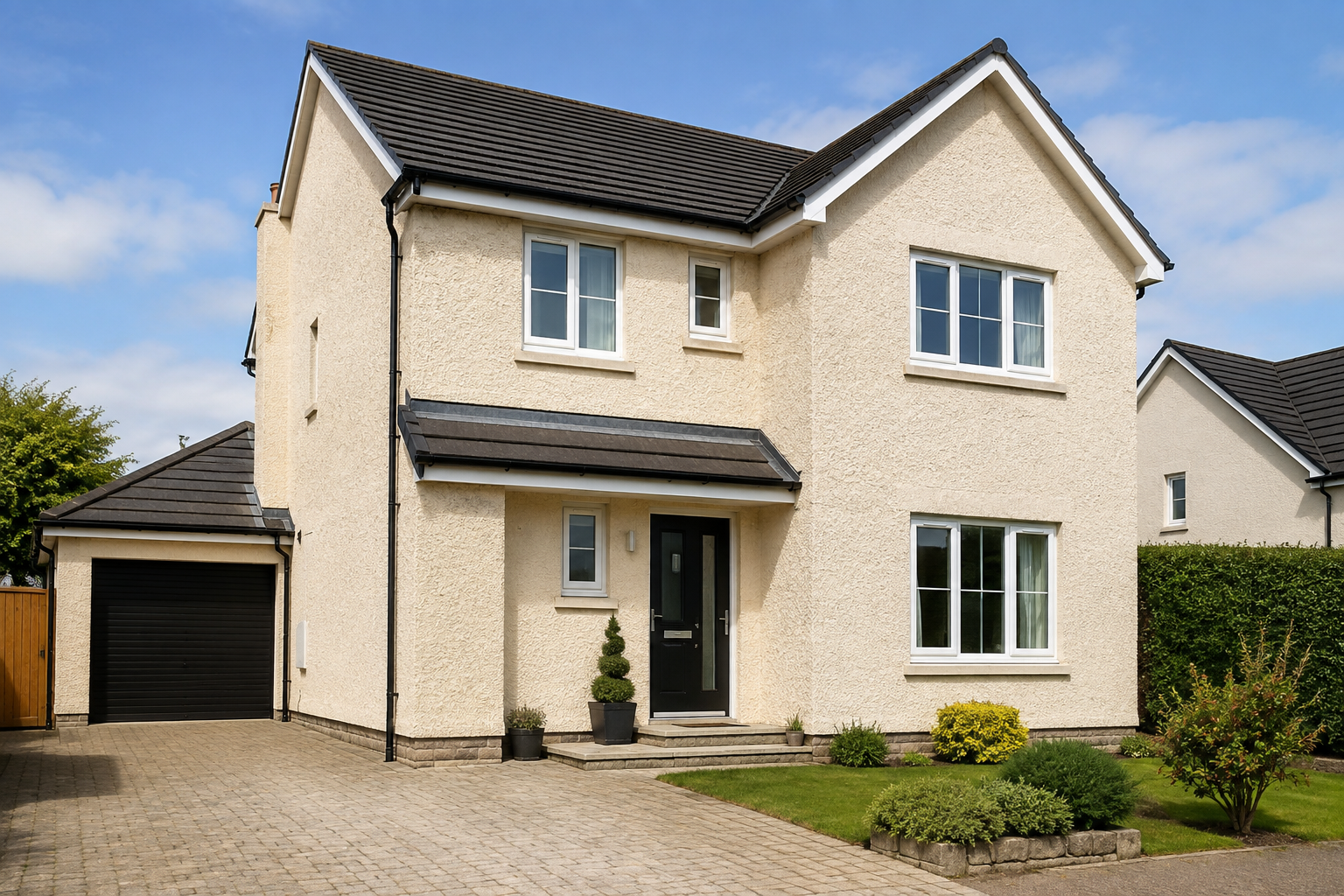 Detached cream two-story house with a garage, front garden, and paved driveway