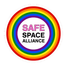 Rainbow circle logo reading “SAFE SPACE ALLIANCE” in pink, black, and white text