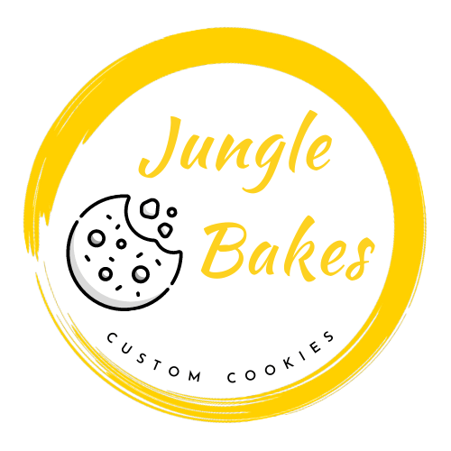 Jungle Bakes logo with yellow ring, cookie graphic, and “Custom Cookies” text
