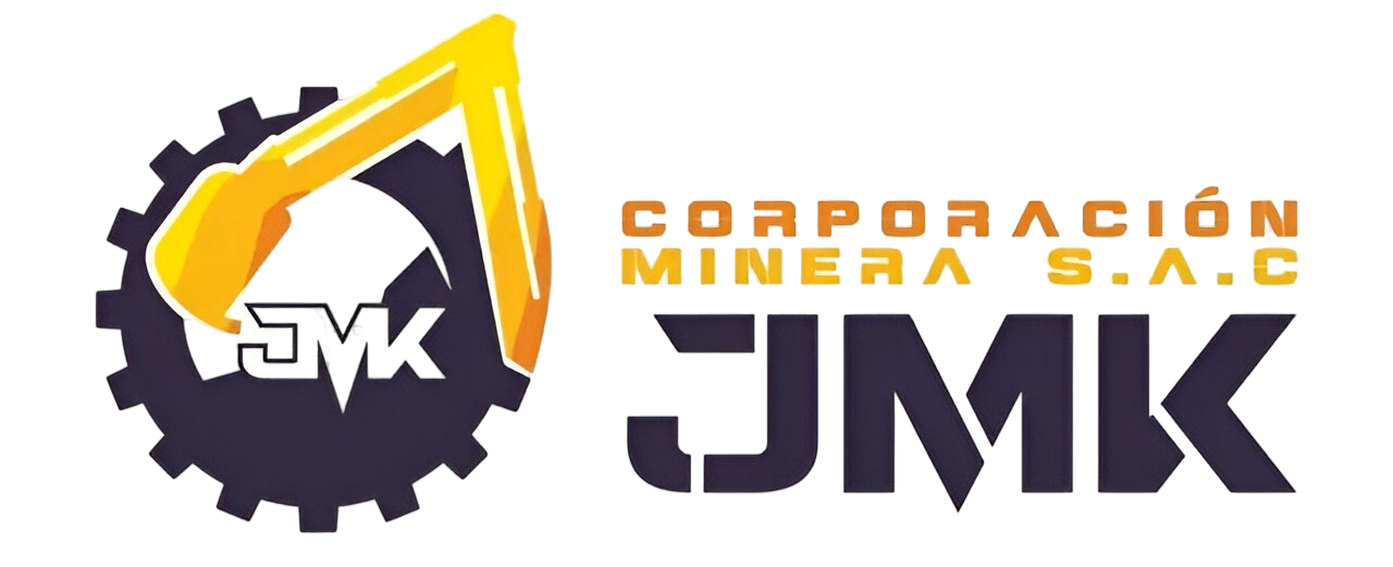 Logotipo de Corporación Minera JMK con un icono de mina amarillo y un engranaje gris oscuro, texto naranja sobre fondo blanco.