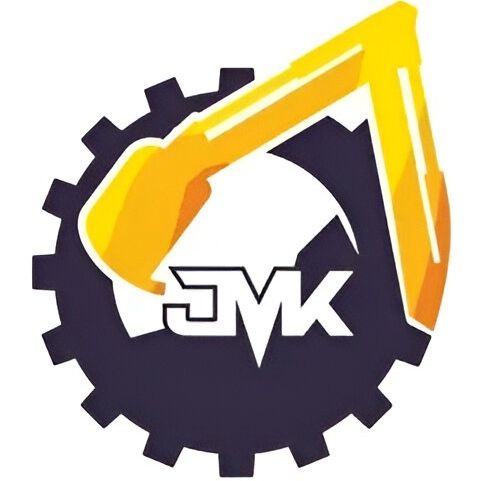 Logotipo de JMK Corporación Minera SA con un engranaje amarillo y un gráfico minero estilizado sobre fondo blanco.