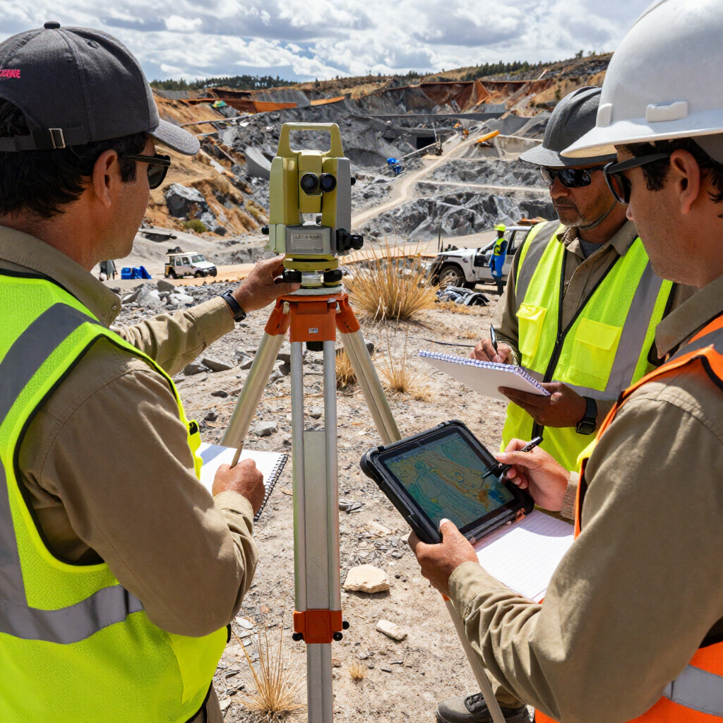 Topógrafos con chalecos de seguridad utilizando trípodes y una tableta en una obra de construcción rocosa.