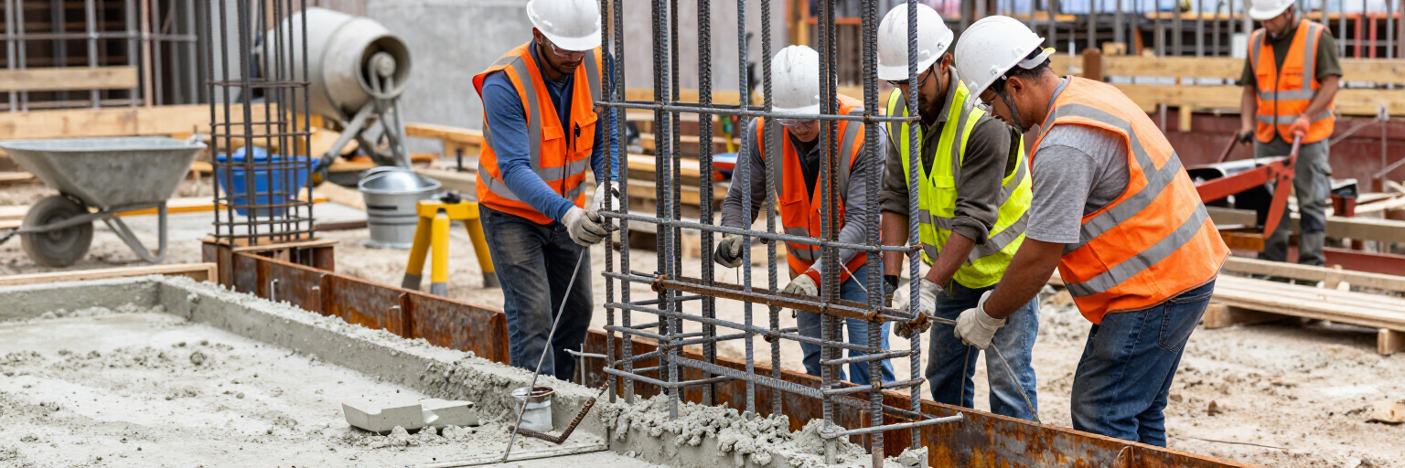 Obreros de la construcción con chalecos naranjas y cascos vertiendo hormigón alrededor de barras de refuerzo en una obra.