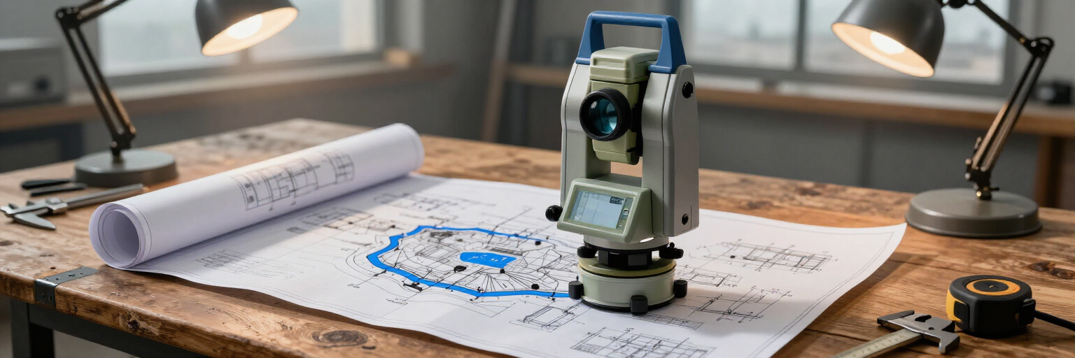 Robot de topografía sobre un banco de trabajo de madera cubierto de planos, bajo lámparas de escritorio.