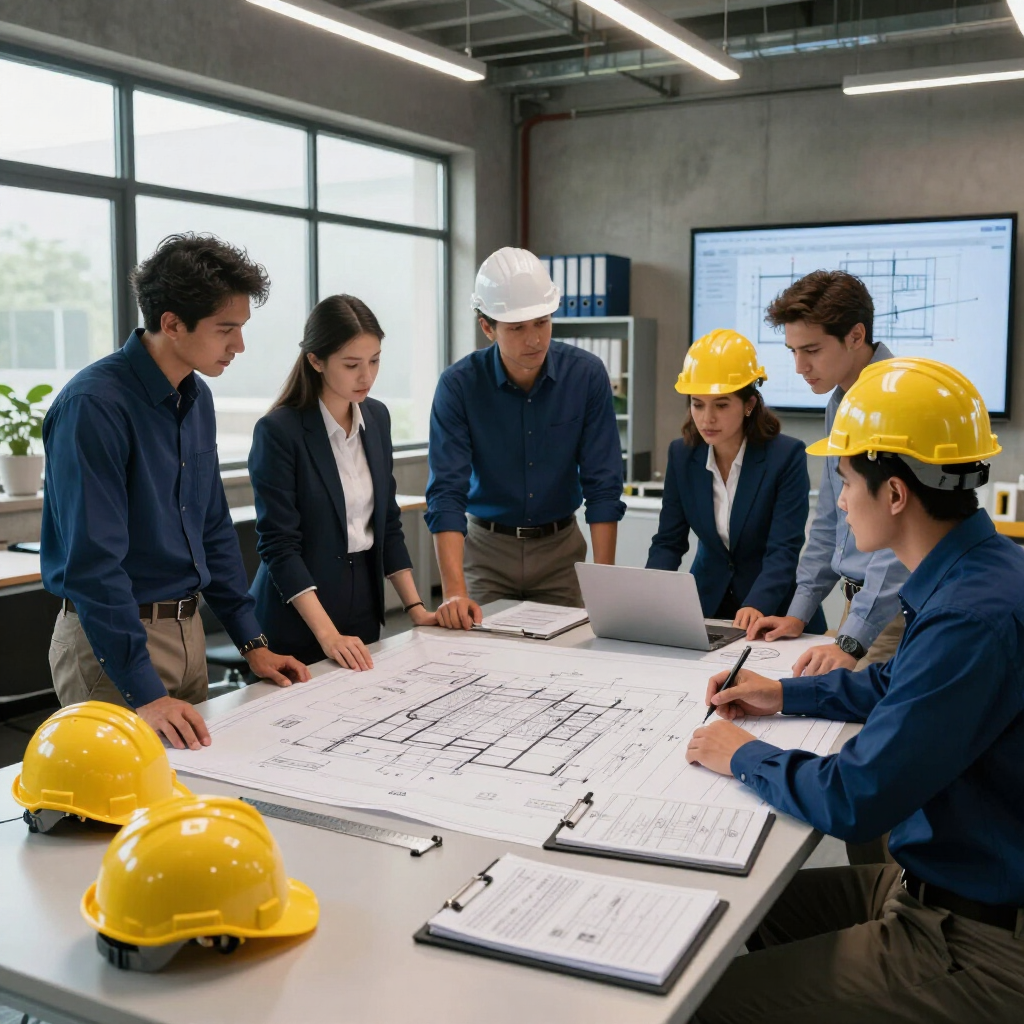 Un equipo de construcción revisa los planos del edificio alrededor de una mesa en una oficina moderna, con cascos amarillos a la vista.