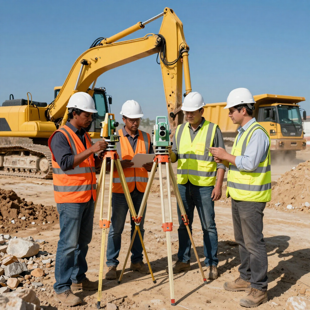 Un equipo de trabajadores de la construcción, con cascos de seguridad, revisa el equipo de topografía en una obra de movimiento de tierras con una excavadora.