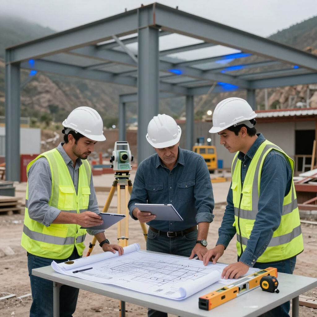 Tres obreros de la construcción, con cascos de seguridad, revisan los planos en una obra de un edificio con estructura de acero.