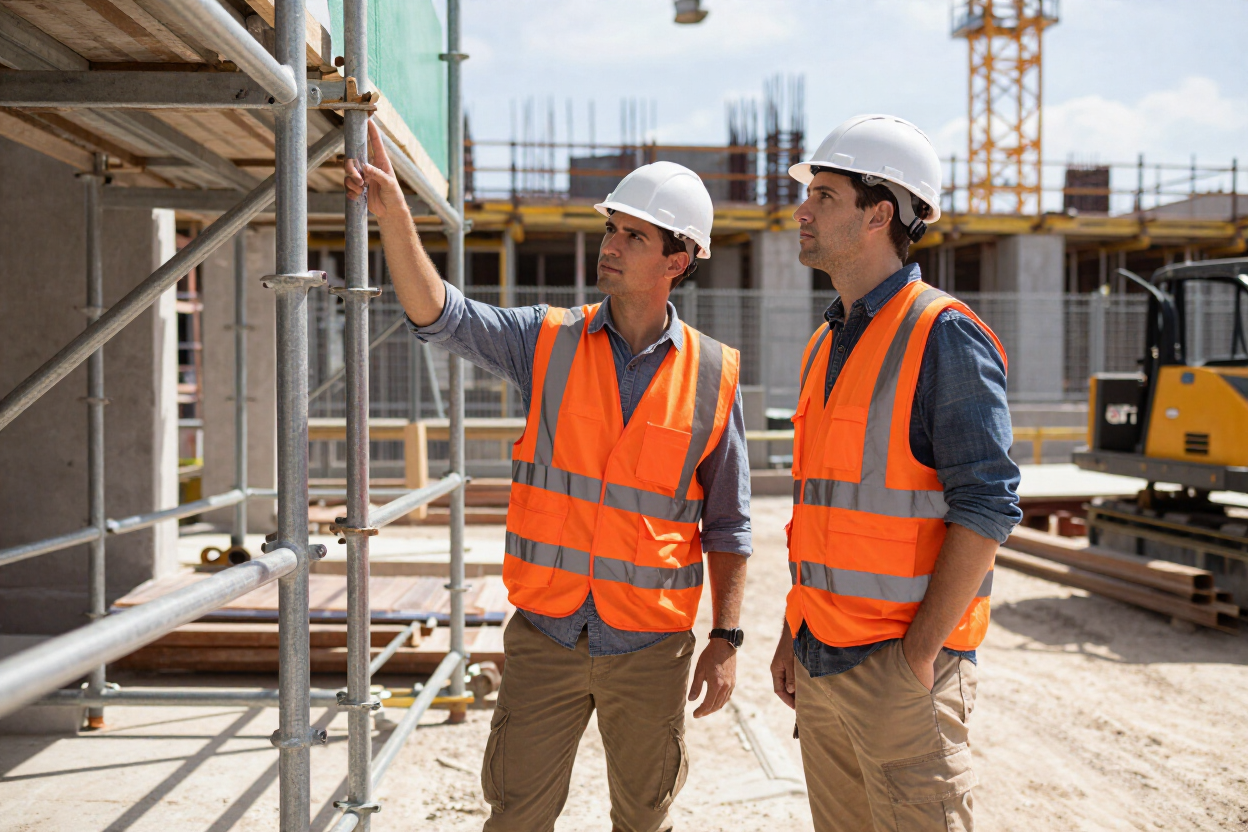 Dos obreros de la construcción con chalecos de seguridad naranjas y cascos revisando planos en una obra.