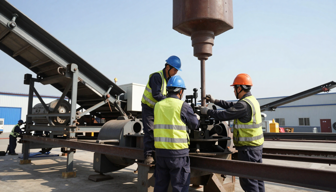 Obreros de la construcción, con cascos de seguridad, inspeccionan maquinaria pesada en una obra bajo una gran grúa.