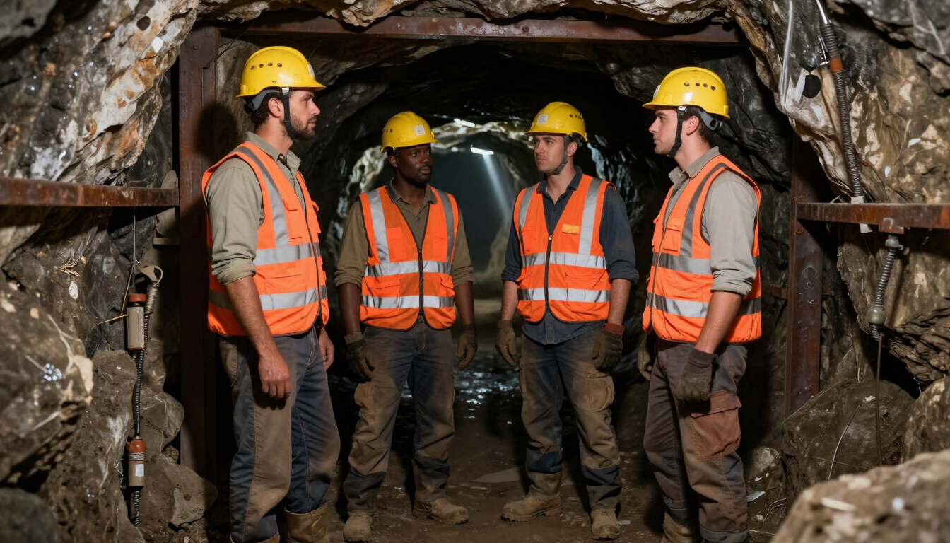 Cuatro mineros con cascos y chalecos de seguridad, de pie en un túnel subterráneo rocoso, conversando.