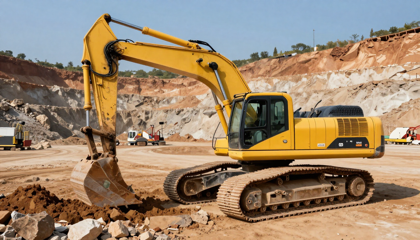 Excavadora amarilla trabajando en una obra con terreno rocoso y taludes de tierra expuesta.