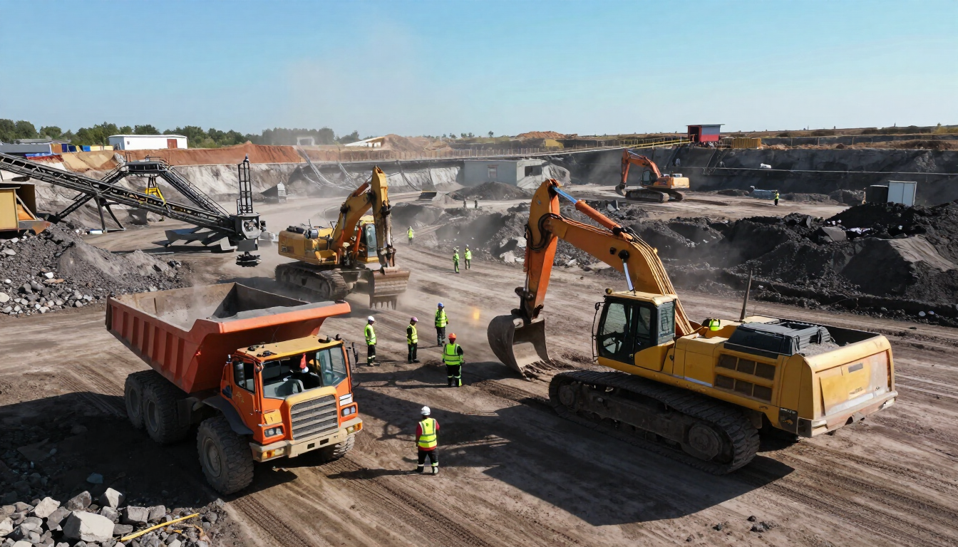 Obra en construcción con una excavadora cargando tierra en un camión volquete naranja en una mina a cielo abierto.