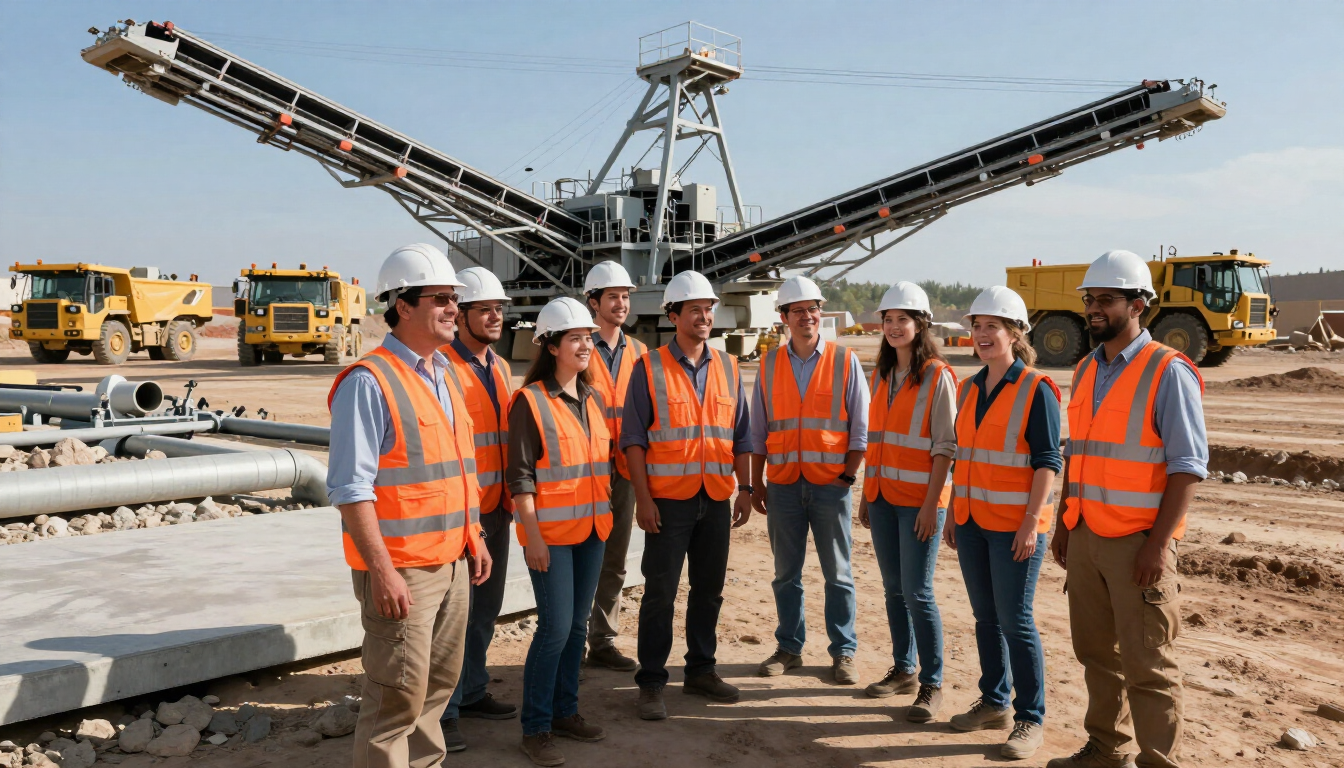 Equipo de construcción con chalecos de seguridad naranjas y cascos de seguridad de pie en un sitio minero con cintas transportadoras detrás de ellos.
