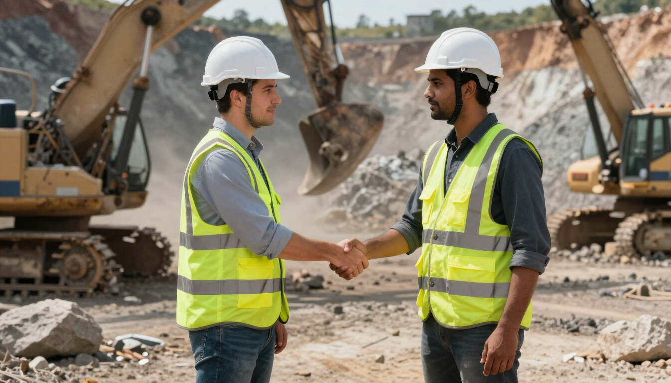 Dos trabajadores de la construcción con cascos y chalecos de seguridad dándose la mano en una obra.