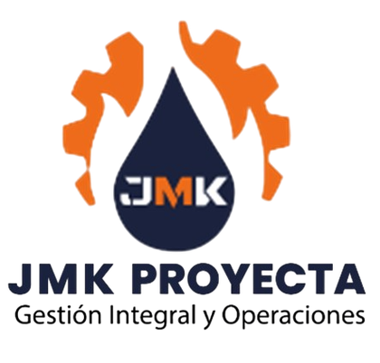Logotipo de Corporación Minera JMK con un engranaje, símbolo minero amarillo y texto gris/naranja sobre fondo blanco.