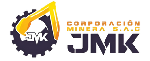 Logotipo de Corporación Minera JMK con un engranaje, símbolo minero amarillo y texto gris/naranja sobre fondo blanco.