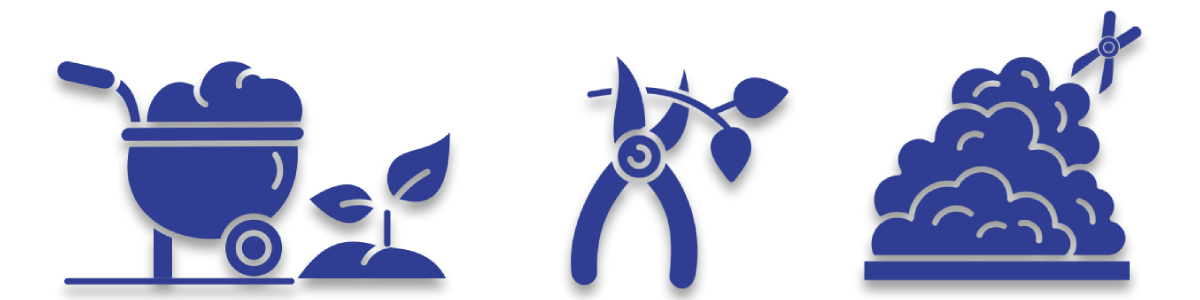 Blue garden icons: watering can, pruning shears, sprout, and compost pile