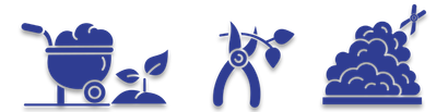 Blue gardening icons: a watering can with sprouting plant, a person holding a plant, and a compost pile
