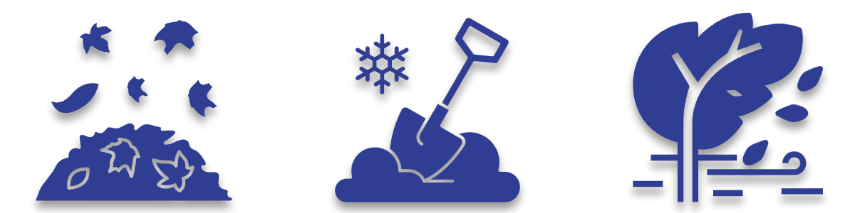 Blue icons of a snow pile with stars, a shovel digging, and a leaf in wind