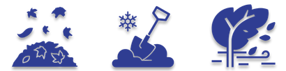 Blue recycling icons showing a leaf, shovel, snowflake, and scattered trash above a mound